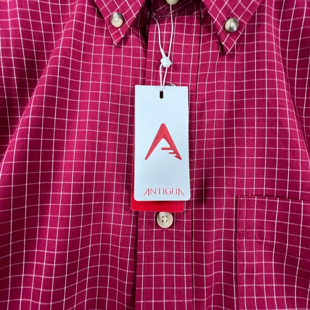 Antigua Esteem Mens Red White Grid Check Button Down Shirt Large NWT